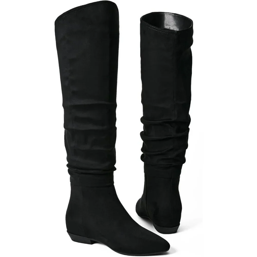 Women's Black Suede Thigh High Boots Faux Leather Chunky Heel Over The Knee Boot